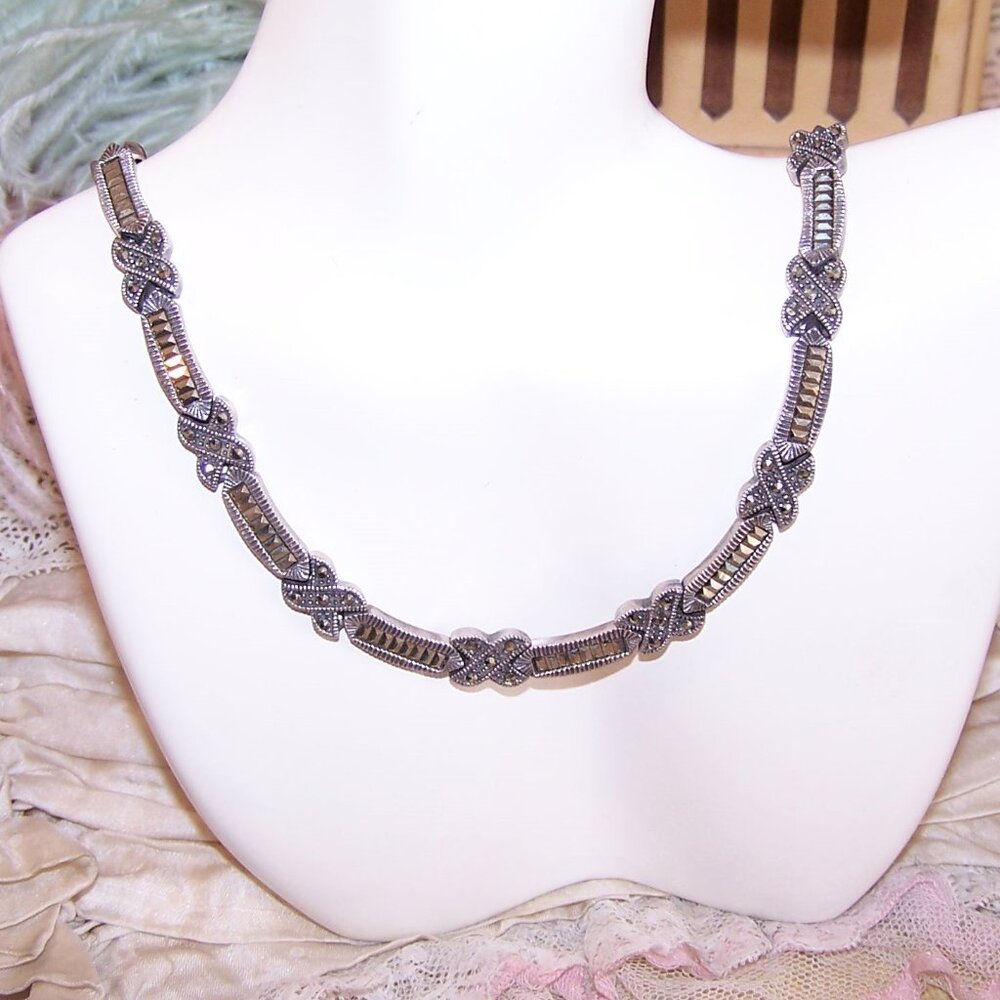 Vintage Art Deco Revival Sterling Silver Marcasite Link Necklace